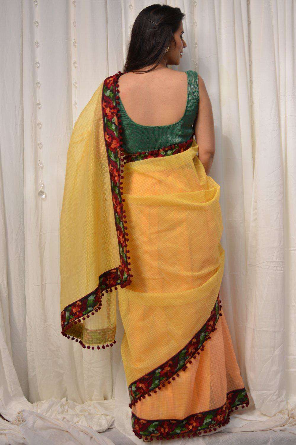 Yellow Embroidered Heavy Border Saree With Blouse Latest 2740SR11